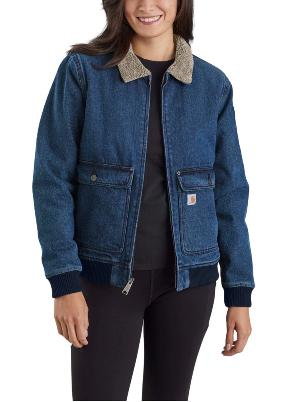 Carhartt Blue Denim Jacket with Tan Sherpa Collar